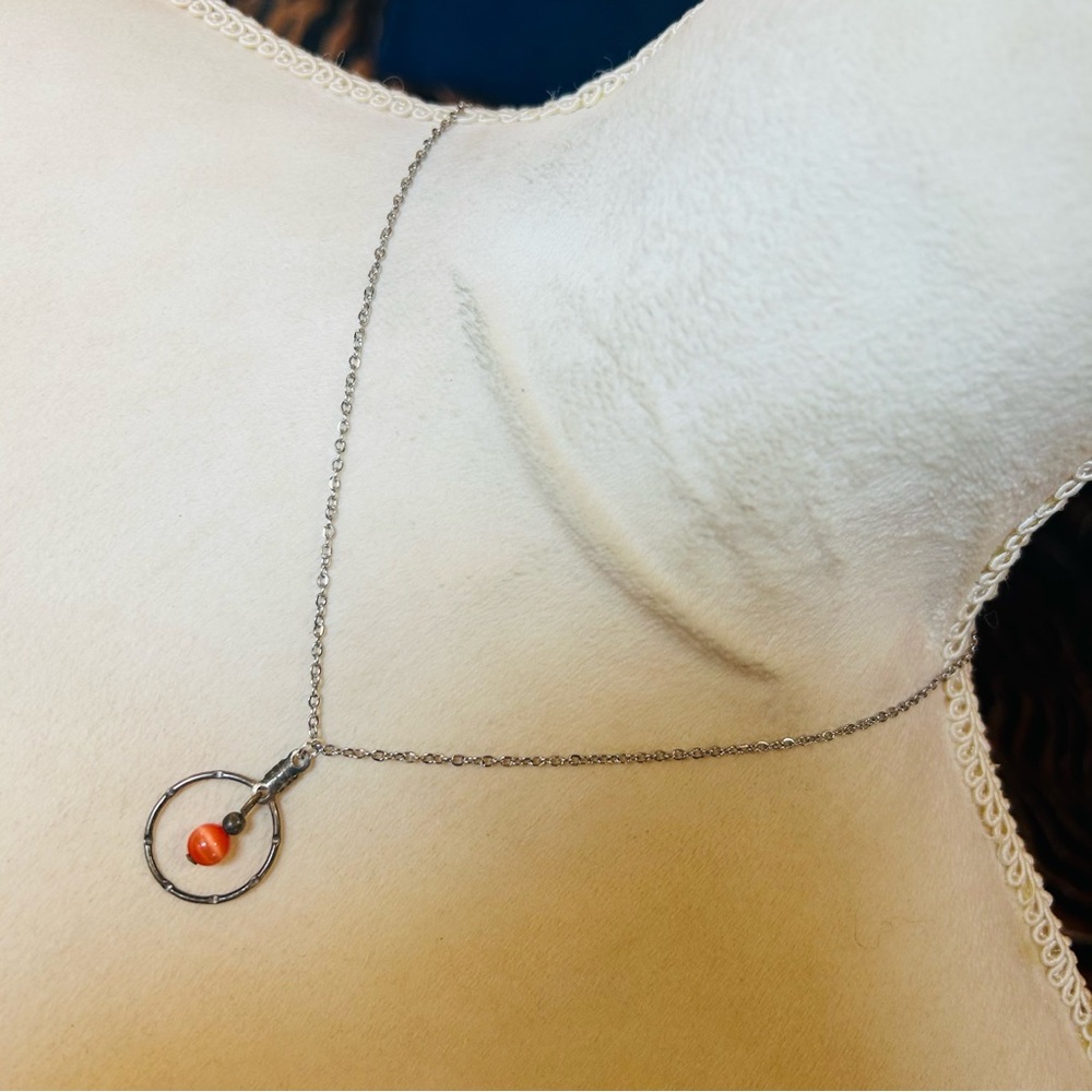 Handcrafted vintage peach cat eye glass medallion pendant on chain necklace